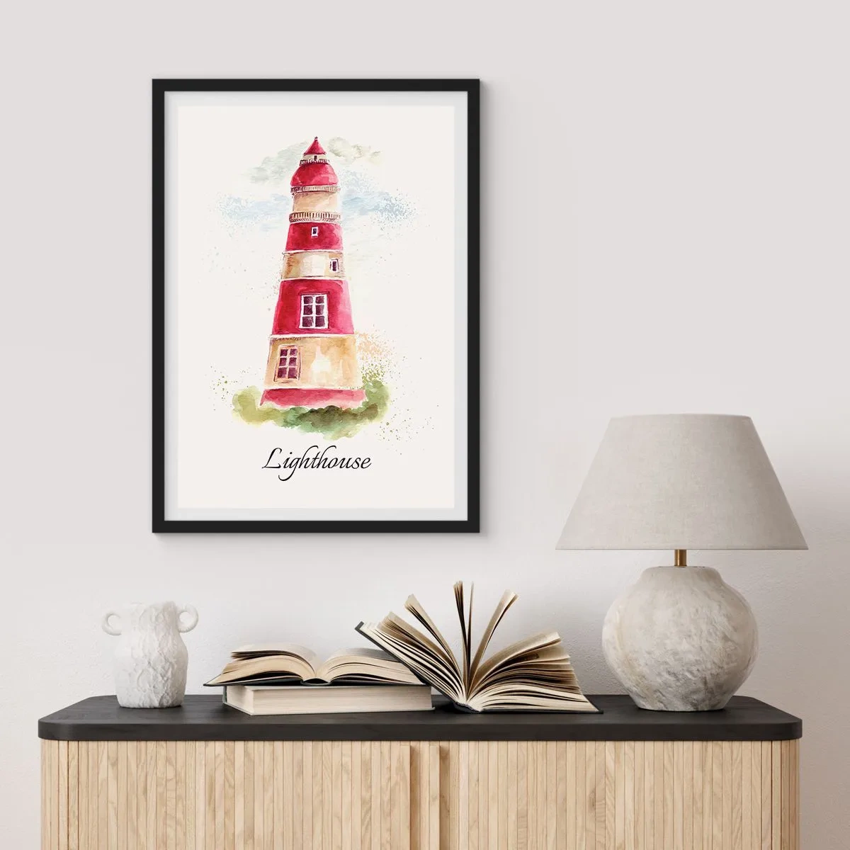 Affiche dans un cadre noir - Poster - Illustration à l'aquarelle d'un phare sur fond clair - 50x70cm - Il y a toujours beau temps autour - Décoration murale moderne pour le salon et la chambre ARTTOR