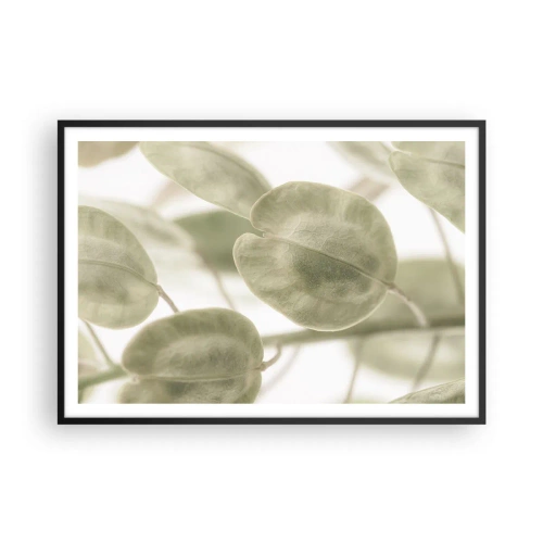 Affiche dans un cadre noir - Poster - Une peinture délicate de feuilles dans des tons pastel de vert sur un fond clair. - 100x70cm - Au commencement il y avait des feuilles... - Décoration murale moderne pour le salon et la chambre ARTTOR
