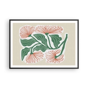 Affiche dans un cadre noir - Poster - Un dessin de fleurs dans un style minimaliste avec des feuilles vertes - 100x70cm - Folk et moderne - Décoration murale moderne pour le salon et la chambre ARTTOR