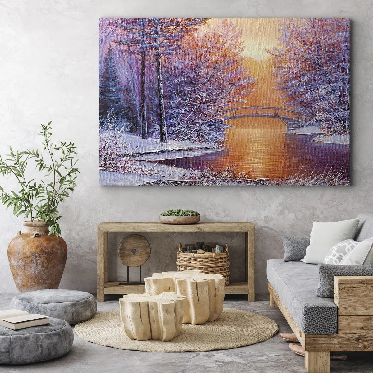 Impression sur toile - Image sur toile - Paysage d'hiver avec un pont et un coucher de soleil - 120x80cm - On se rencontre ici - Décoration murale moderne pour le salon et la chambre ARTTOR