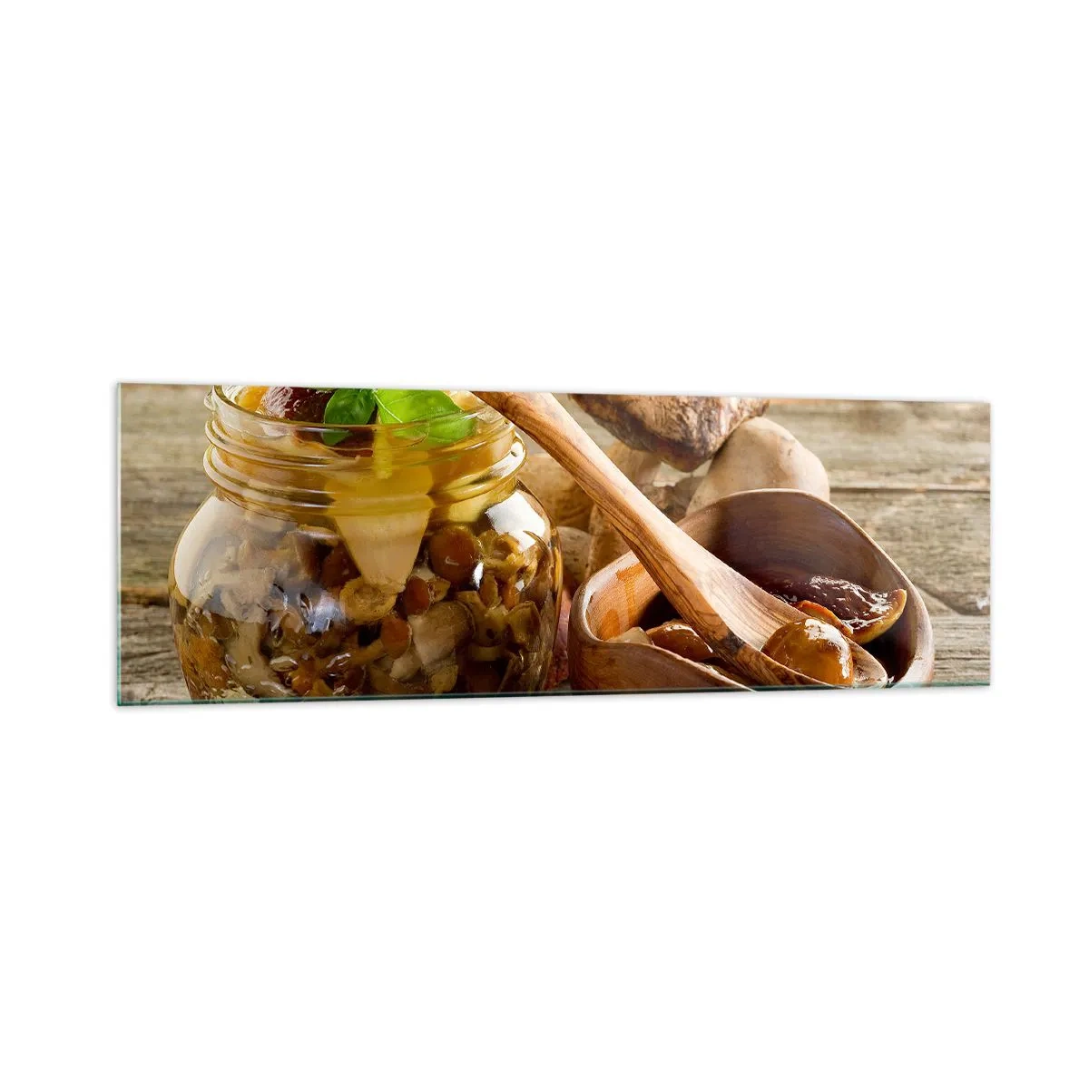 Impression sur verre - Image sur verre - Champignons naturels dans un bocal sur une table rustique - 160x50cm - Que ce soit frais ou salé, ou en automne... - Décoration murale moderne pour le salon et la chambre ARTTOR