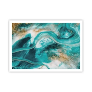 Affiche - Poster - Abstraction turquoise avec des accents blancs et dorés - 100x70cm - Rivière d'or - Décoration murale moderne pour le salon et la chambre ARTTOR