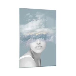 Impression sur verre - Image sur verre - Portrait d'une femme avec son visage caché derrière les nuages et les vagues - 80x120cm - La tête dans les nuages - Décoration murale moderne pour le salon et la chambre ARTTOR