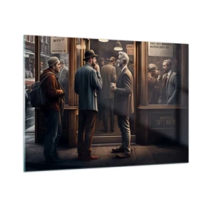 Impression sur verre - Image sur verre - Hommes discutant devant un café dans un décor urbain rétro - 100x70cm - Bon moment de la journée - Décoration murale moderne pour le salon et la chambre ARTTOR
