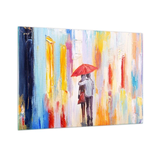 Impression sur verre - Image sur verre - Un couple tenant un parapluie rouge sous la pluie dans une rue colorée. - 100x70cm - Qu'il pleuve encore - Décoration murale moderne pour le salon et la chambre ARTTOR