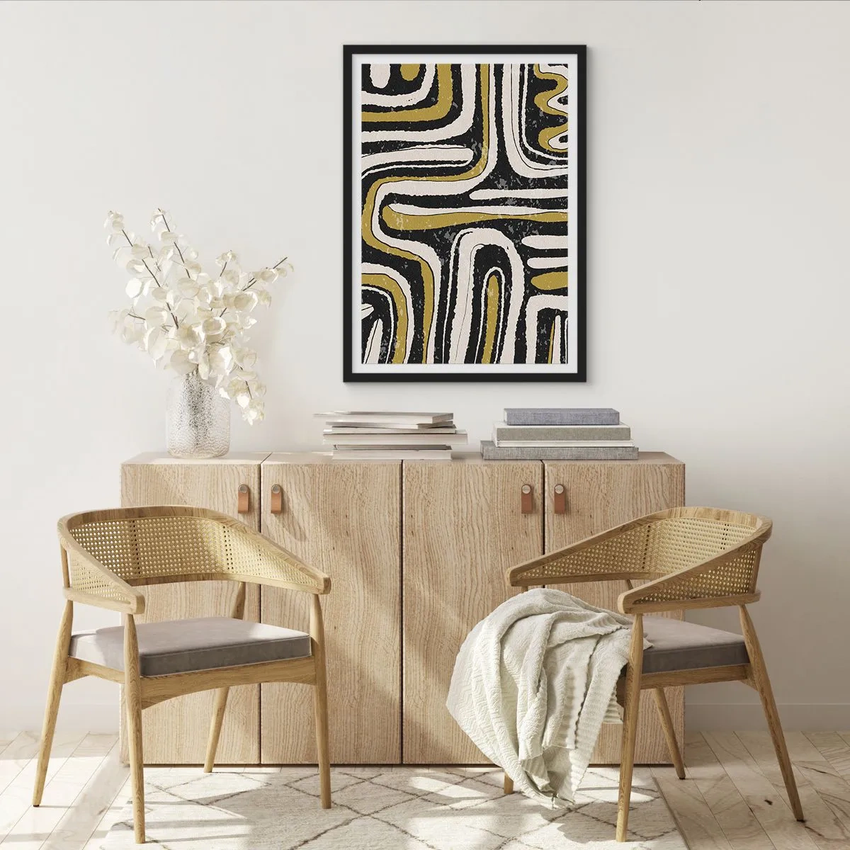 Affiche dans un cadre noir - Poster - Abstraction géométrique en noir, beige et or - 50x70cm - Composition : routes et ruelles - Décoration murale moderne pour le salon et la chambre ARTTOR