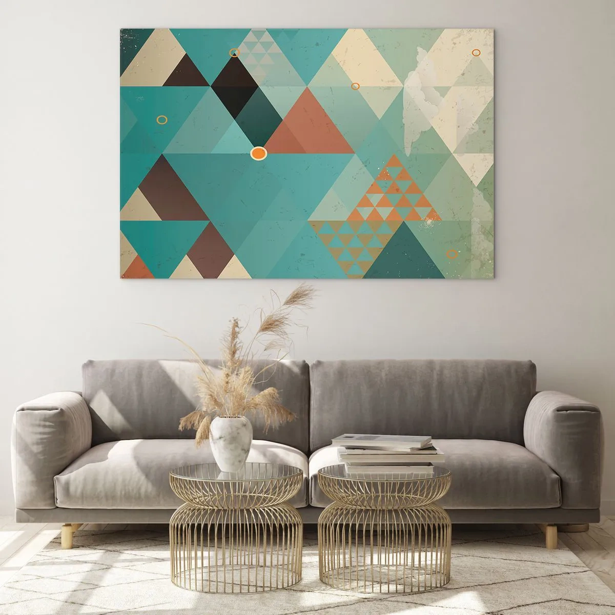 Impression sur verre - Image sur verre - Géométrie dans les tons turquoise et marron avec des triangles - 100x70cm - Unité de la multiplicité, multiplicité de l'unité - Décoration murale moderne pour le salon et la chambre ARTTOR