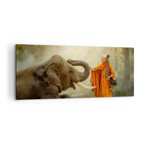 Impression sur toile - Image sur toile - Un moine et un éléphant en harmonie avec la nature en toile de fond - 120x50cm - Rencontre en voyageant - Décoration murale moderne pour le salon et la chambre ARTTOR