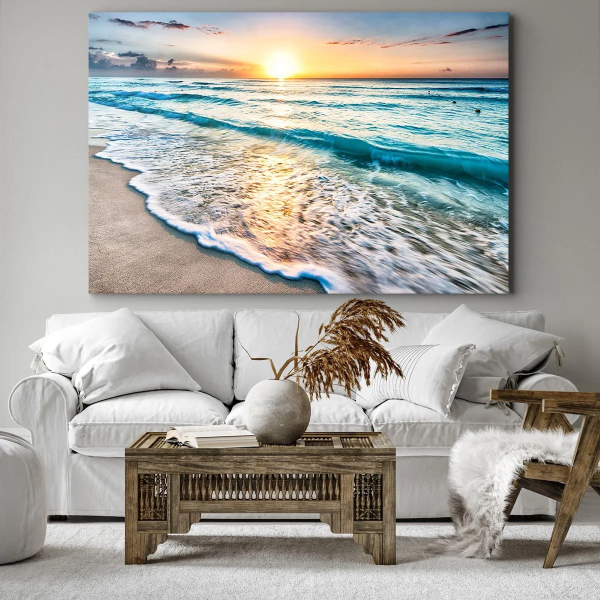 Impression sur toile - Image sur toile - Lever de soleil sur une plage tranquille avec des vagues - 100x70cm - Une vue qui en vaut la peine - Décoration murale moderne pour le salon et la chambre ARTTOR
