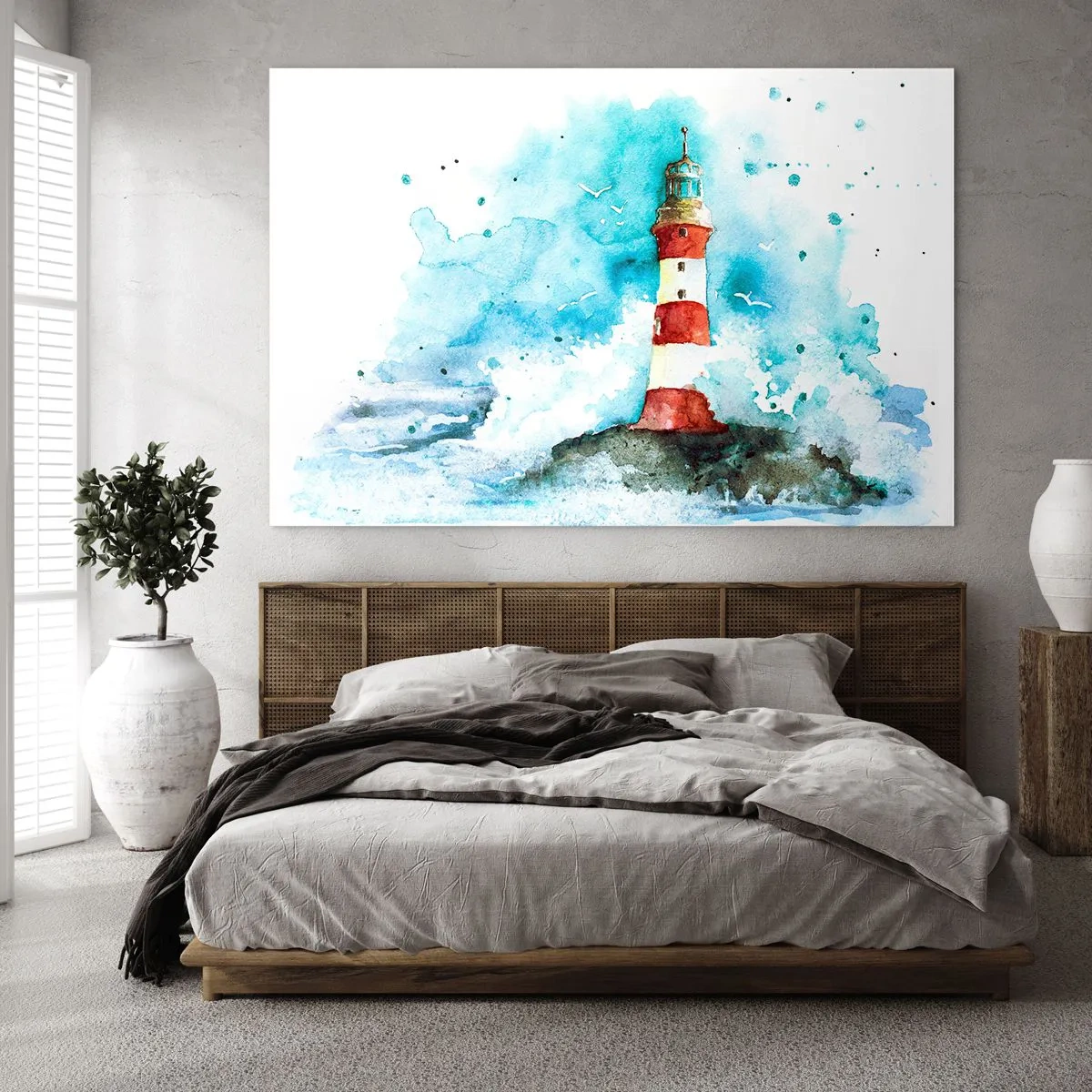 Impression sur verre - Image sur verre - Un phare entouré de vagues de la mer dans un style aquarelle - 70x50cm - Unité des éléments - Décoration murale moderne pour le salon et la chambre ARTTOR
