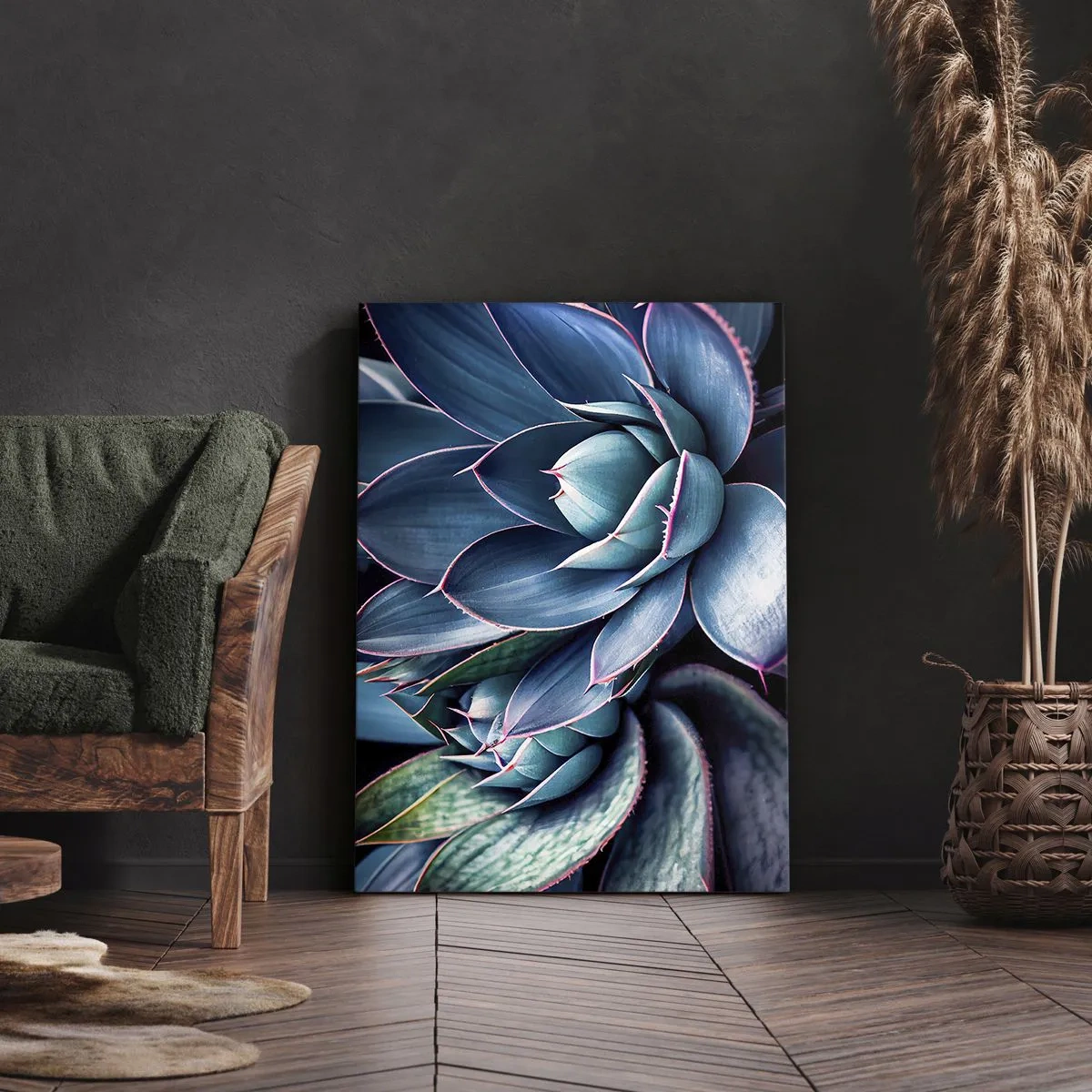 Impression sur toile - Image sur toile - Agave dans des tons de bleu et de vert avec des accents roses - 80x120cm - Force vital - Décoration murale moderne pour le salon et la chambre ARTTOR