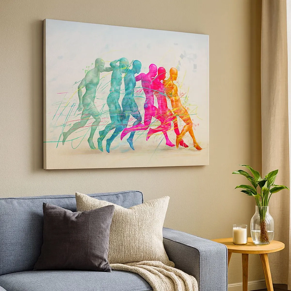 Impression sur toile - Image sur toile - Silhouettes colorées de coureurs en mouvement - 70x50cm - Harmonie du mouvement - Décoration murale moderne pour le salon et la chambre ARTTOR