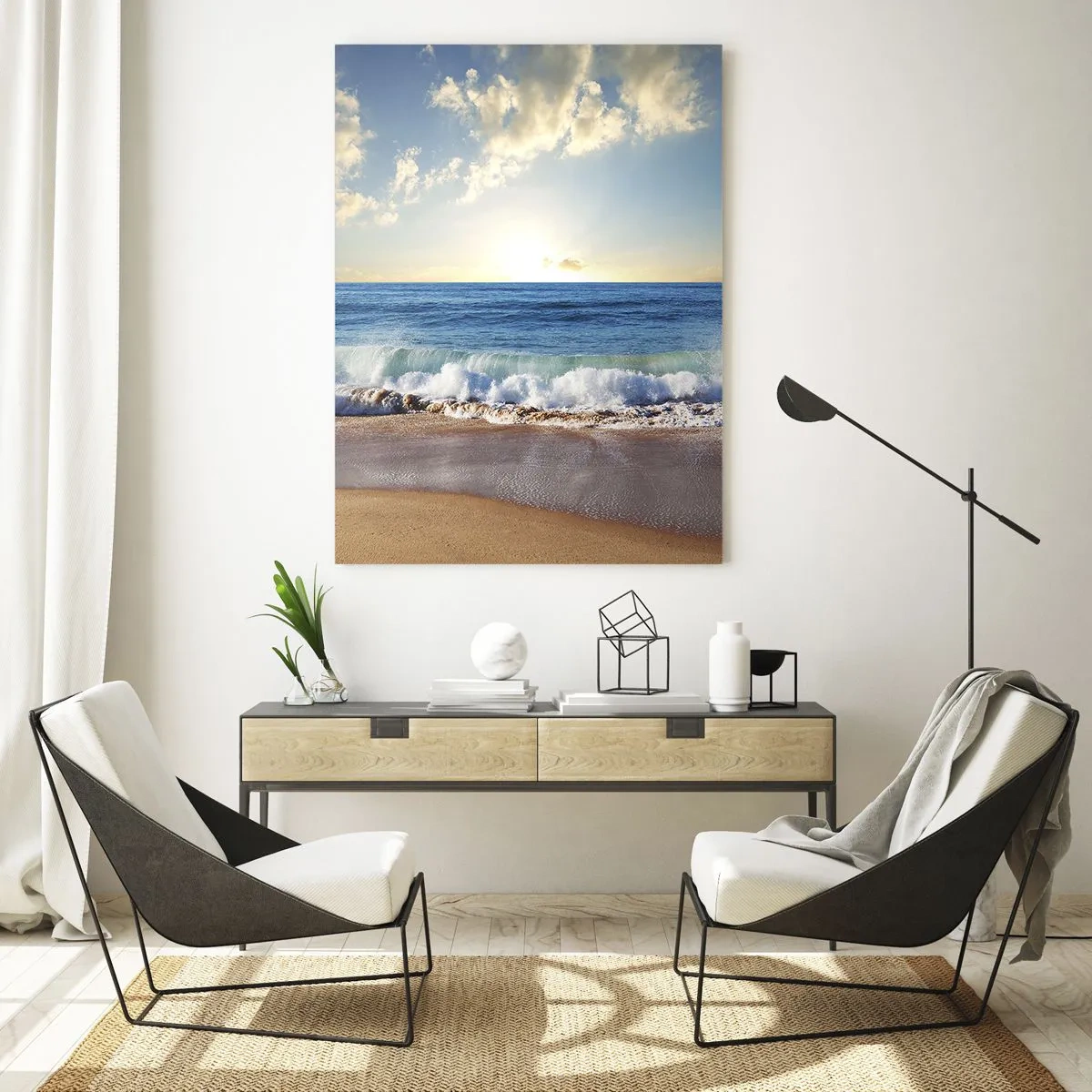 Impression sur verre - Image sur verre - Une plage ensoleillée avec des vagues s'écrasant sur le rivage - 70x100cm - Mouvement et immobilité à la fois - Décoration murale moderne pour le salon et la chambre ARTTOR
