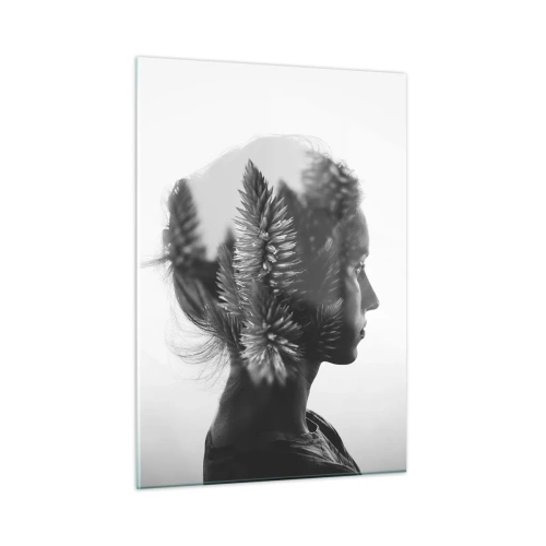 Impression sur verre - Image sur verre - Une femme en noir et blanc avec un motif de forêt de conifères superposé - 50x70cm - Dame de la pinède - Décoration murale moderne pour le salon et la chambre ARTTOR