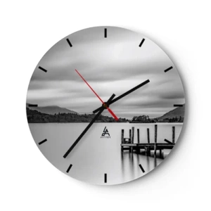 Horloge murale - Pendule murale - Paysage noir et blanc avec un lac et une jetée en bois - 30x30cm - Douceur et force - Décoration murale moderne pour le salon, la cuisine et la chambre ARTTOR