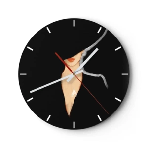 Horloge murale - Pendule murale - Portrait d'une femme portant un chapeau élégant sur fond noir - 30x30cm - Élégance et style - Décoration murale moderne pour le salon, la cuisine et la chambre ARTTOR