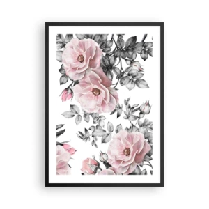 Affiche dans un cadre noir - Poster - Roses roses sur fond de feuilles noires et blanches - 50x70cm - Se perdre dans les fleurs des roses - Décoration murale moderne pour le salon et la chambre ARTTOR