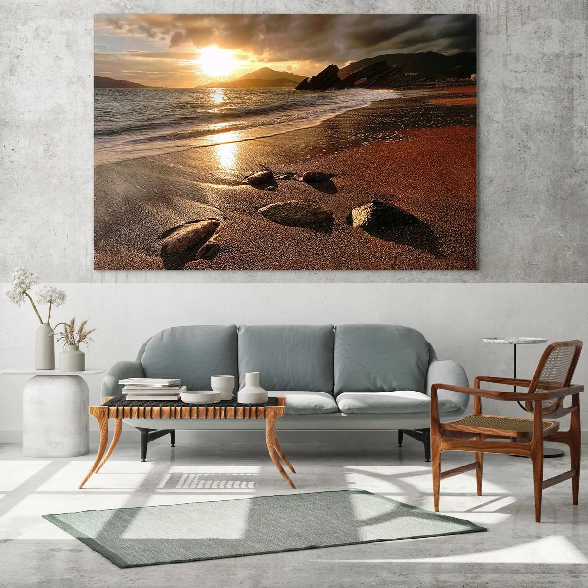 Impression sur verre - Image sur verre - Coucher de soleil sur une plage rocheuse et des collines - 70x50cm - Suivez le soleil sur les collines - Décoration murale moderne pour le salon et la chambre ARTTOR