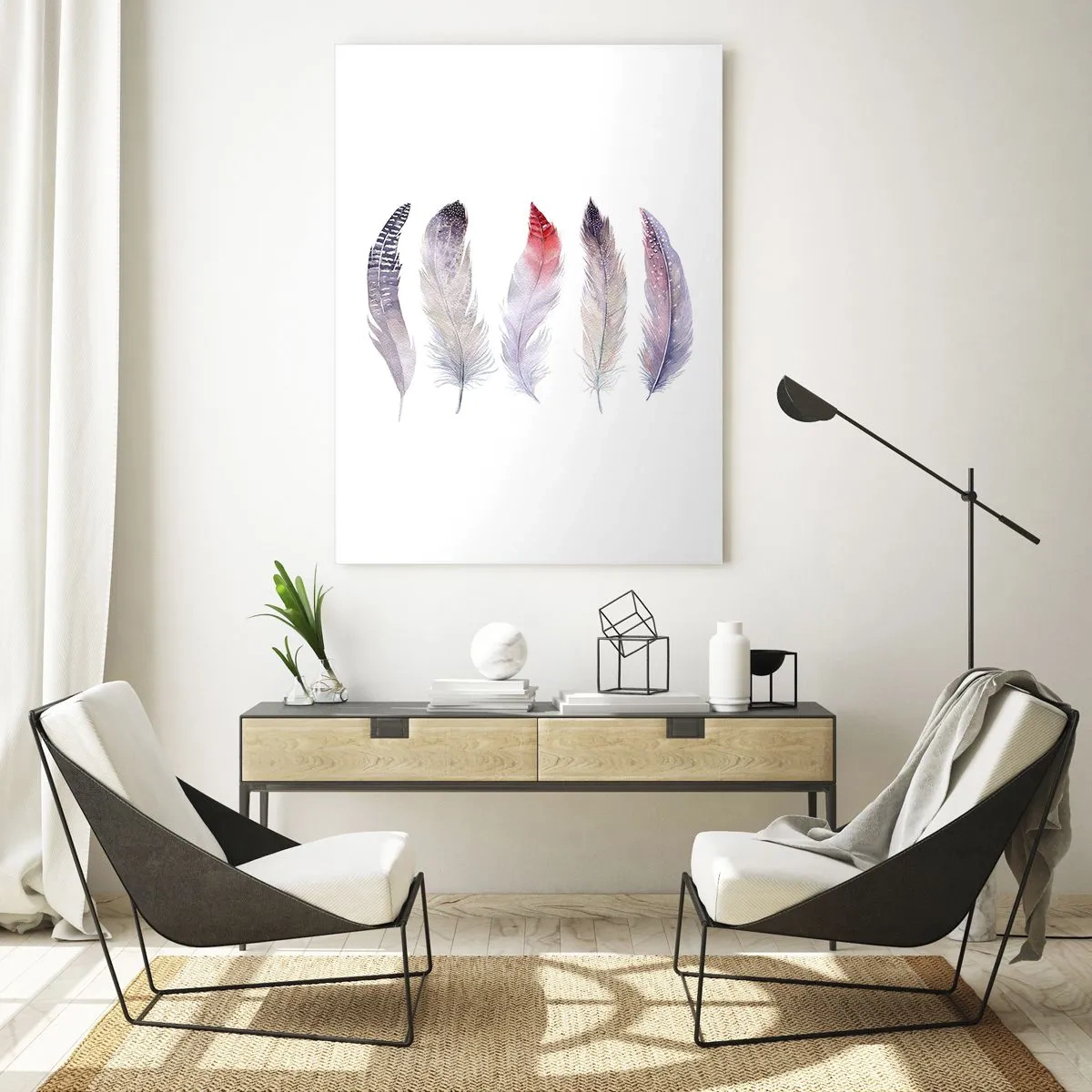 Impression sur verre - Image sur verre - Cinq plumes délicates aux tons pastel sur fond clair - 80x120cm - Délicat comme un brouillard multicolore - Décoration murale moderne pour le salon et la chambre ARTTOR