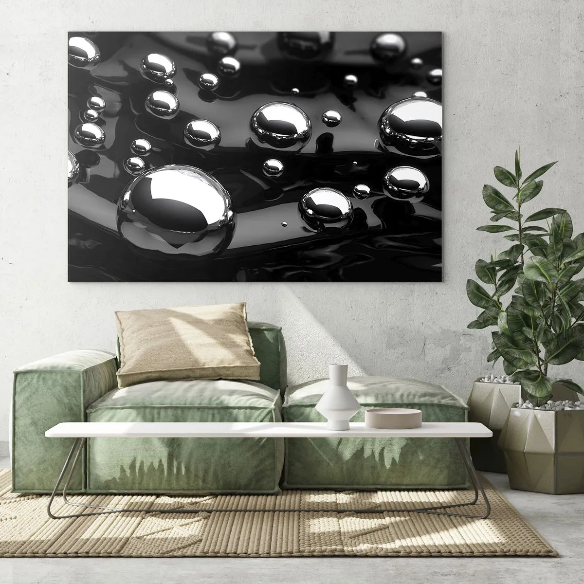 Impression sur verre - Image sur verre - Gouttes métalliques sur une surface noire - 100x70cm - D'un ton noir - Décoration murale moderne pour le salon et la chambre ARTTOR