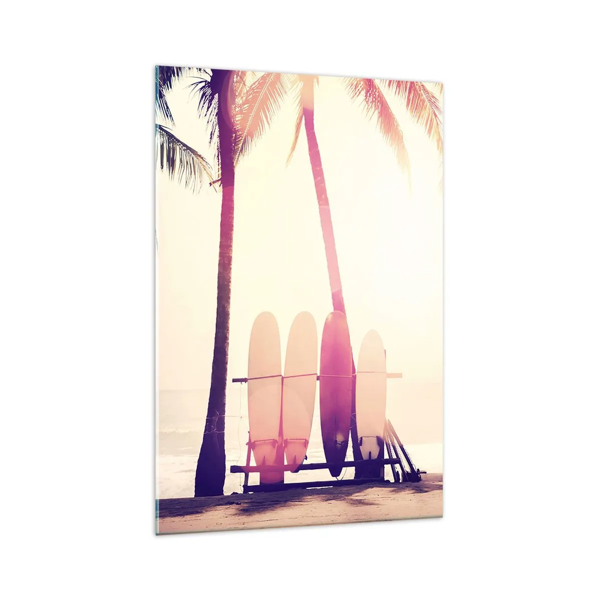 Impression sur verre - Image sur verre - Palmiers et planches de surf sur la plage au soleil - 70x100cm - Ca va être une journée magnifique - Décoration murale moderne pour le salon et la chambre ARTTOR