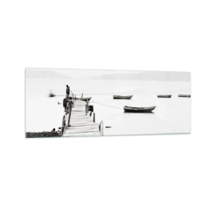 Impression sur verre - Image sur verre - Jetée en bois et bateaux sur une eau calme - 140x50cm - Calme et propre au bord de l'eau - Décoration murale moderne pour le salon et la chambre ARTTOR
