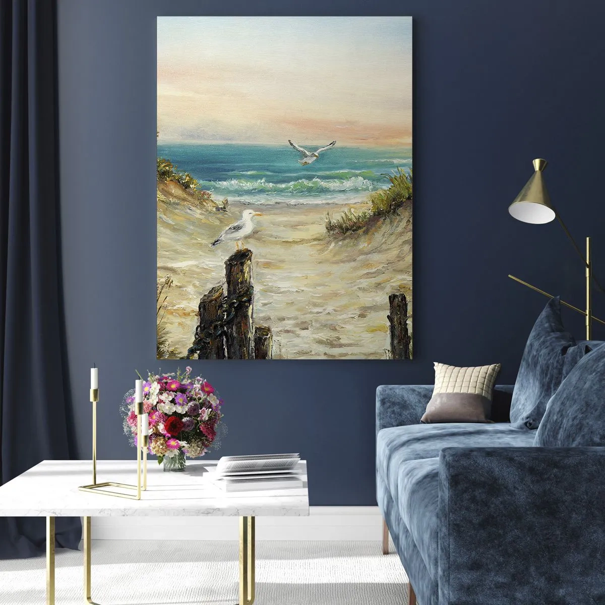 Impression sur verre - Image sur verre - Côte avec mouettes et dunes au coucher du soleil - 80x120cm - Retraite au calme - Décoration murale moderne pour le salon et la chambre ARTTOR