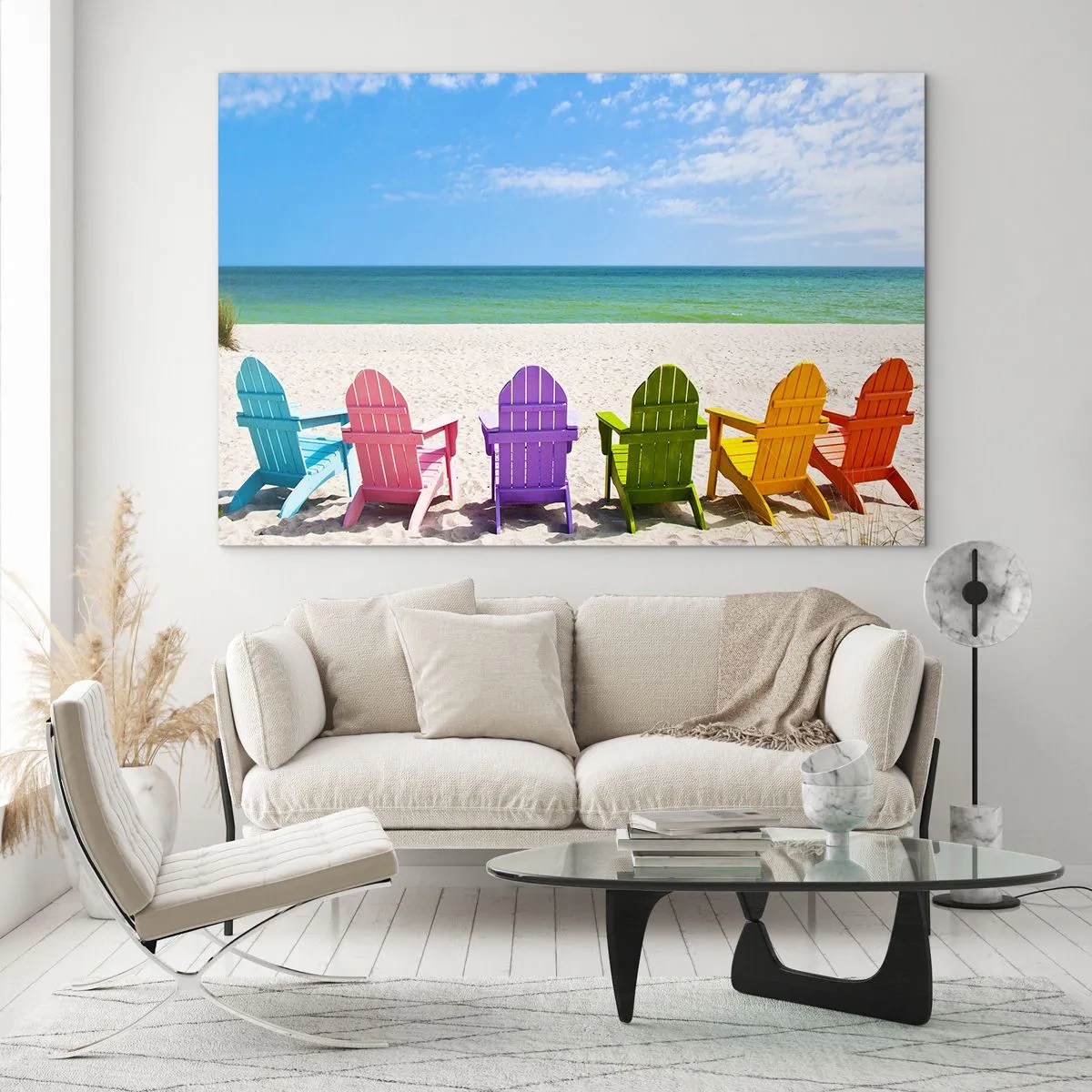 Impression sur verre - Image sur verre - Chaises colorées sur une plage de sable avec vue sur la mer - 70x50cm - Plage arc-en-ciel - Décoration murale moderne pour le salon et la chambre ARTTOR