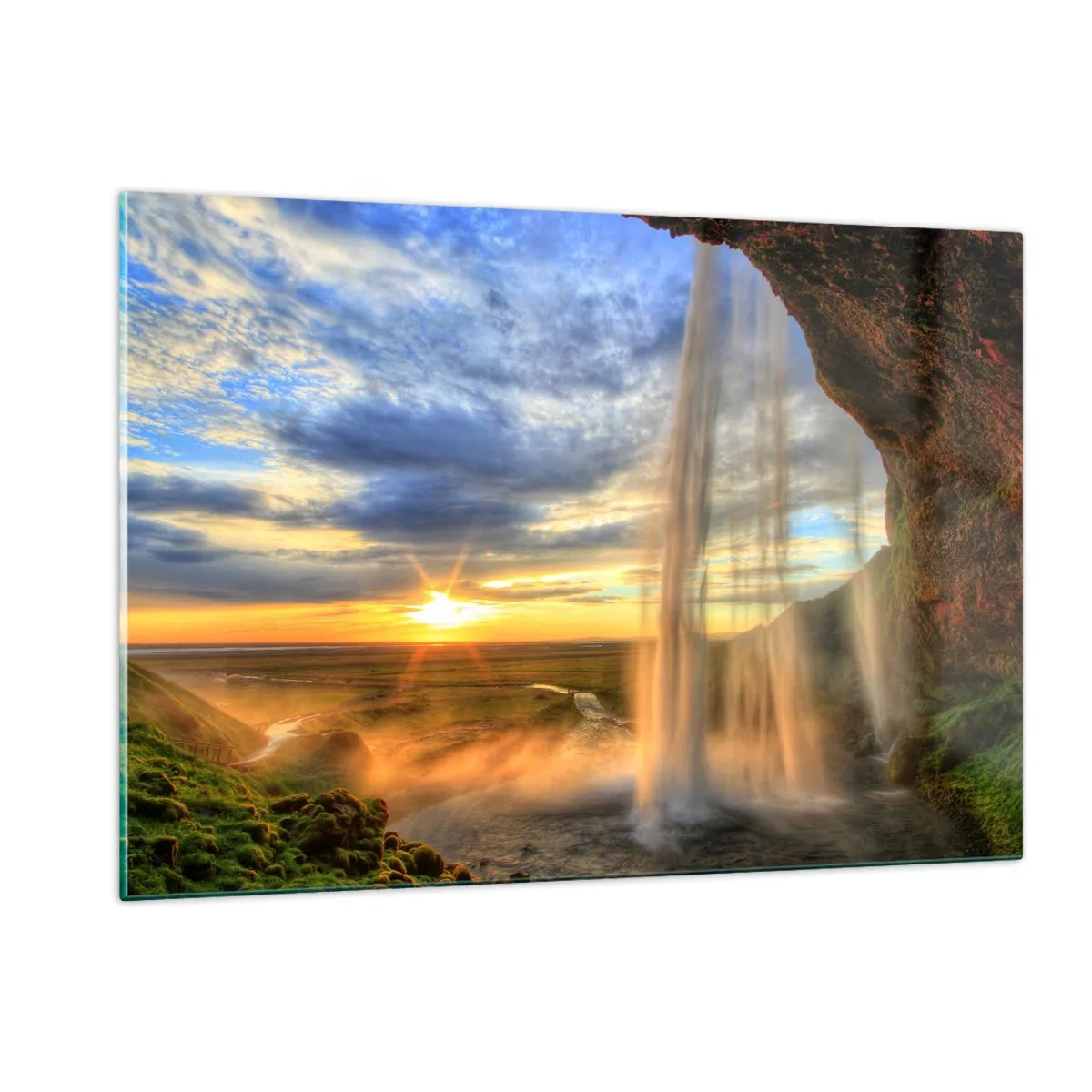 Impression sur verre - Image sur verre - Cascade avec vue sur le coucher de soleil et la vallée - 120x80cm - Le monde derrière un voile de gouttes - Décoration murale moderne pour le salon et la chambre ARTTOR