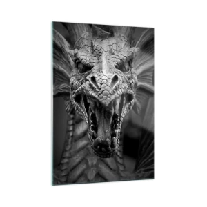Impression sur verre - Image sur verre - Portrait détaillé d'un dragon en noir et blanc - 50x70cm - Un dragon imaginaire grisâtre - Décoration murale moderne pour le salon et la chambre ARTTOR