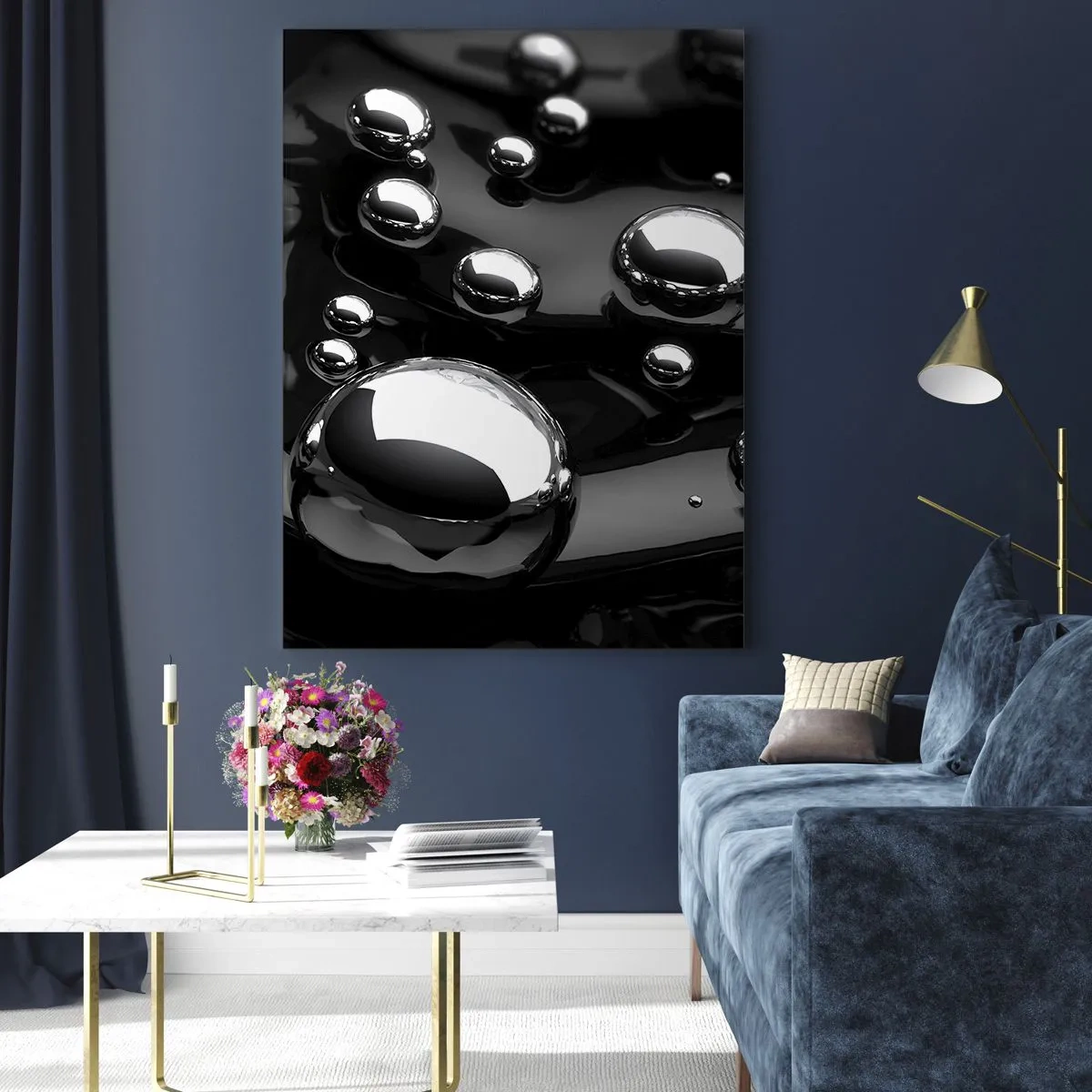 Impression sur verre - Image sur verre - Gouttes abstraites sur une surface noire - 80x120cm - D'un ton noir - Décoration murale moderne pour le salon et la chambre ARTTOR
