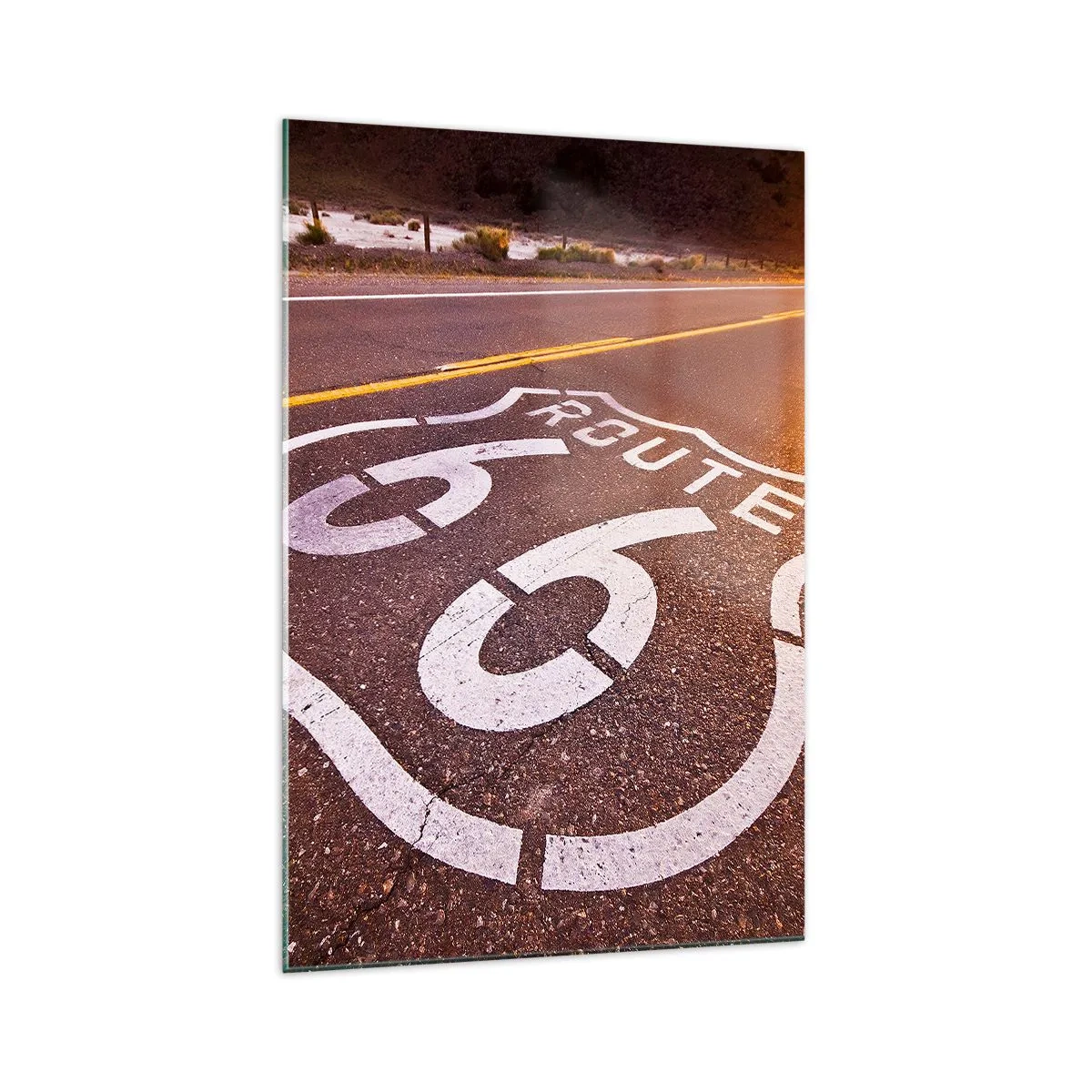 Impression sur verre - Image sur verre - Route 66 au coucher du soleil - 70x100cm - Célèbre Route 66 - Décoration murale moderne pour le salon et la chambre ARTTOR