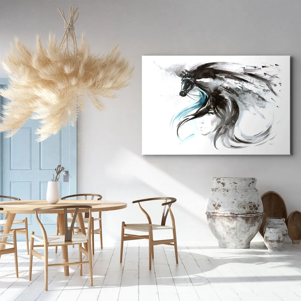 Impression sur toile - Image sur toile - Une femme et un cheval dans une aquarelle mystique pleine de dynamique - 100x70cm - Galop du prince noir - Décoration murale moderne pour le salon et la chambre ARTTOR
