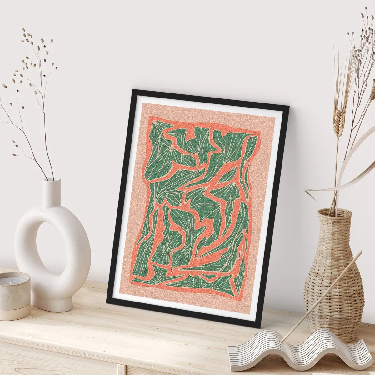 Affiche dans un cadre noir - Poster - Motif de feuilles abstrait dans des tons de vert et de terre cuite - 50x70cm - La lutte entre le corail et la verdure - Décoration murale moderne pour le salon et la chambre ARTTOR