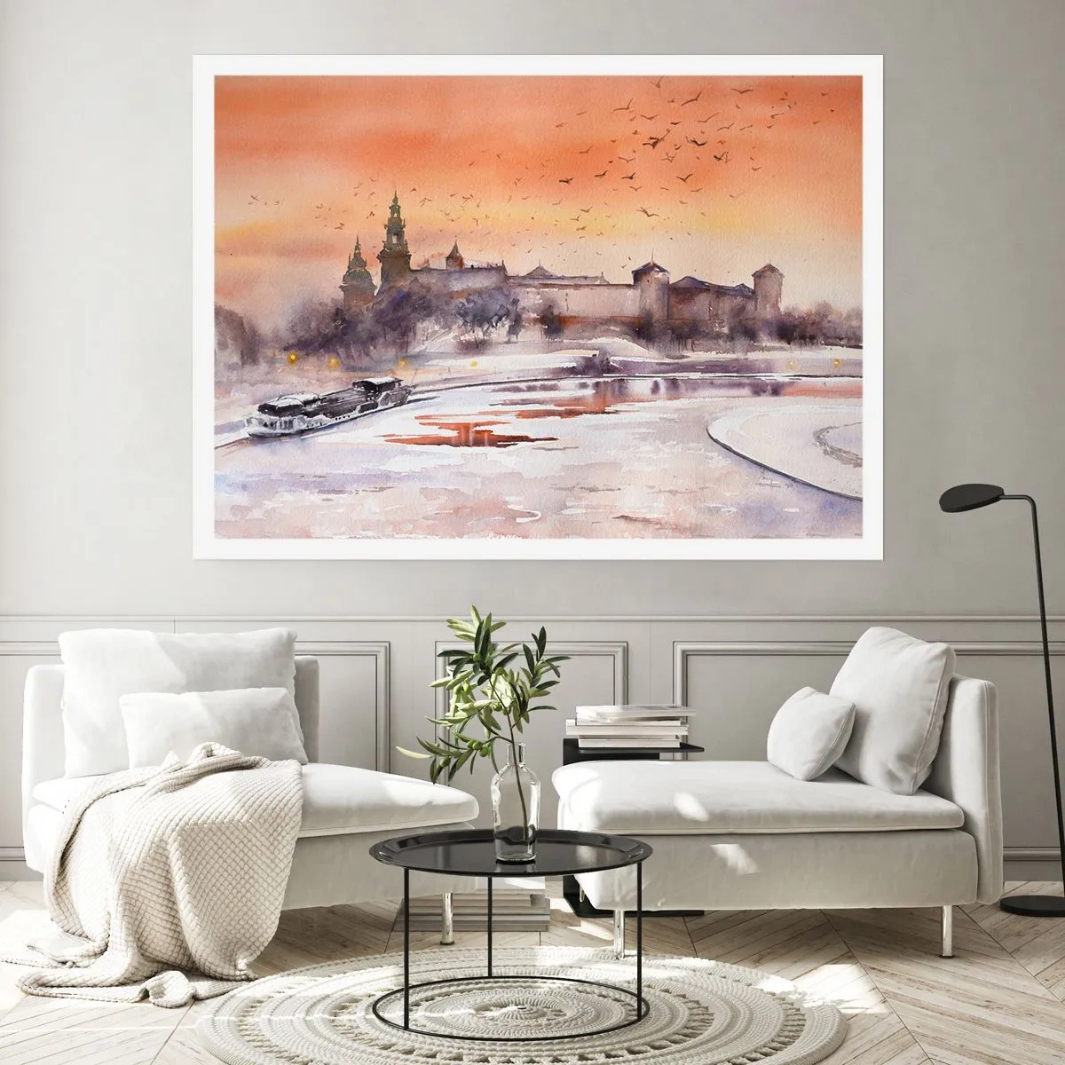 Affiche - Poster - Coucher de soleil sur le château dans un paysage hivernal - 100x70cm - Coucher de soleil royal - Décoration murale moderne pour le salon et la chambre ARTTOR