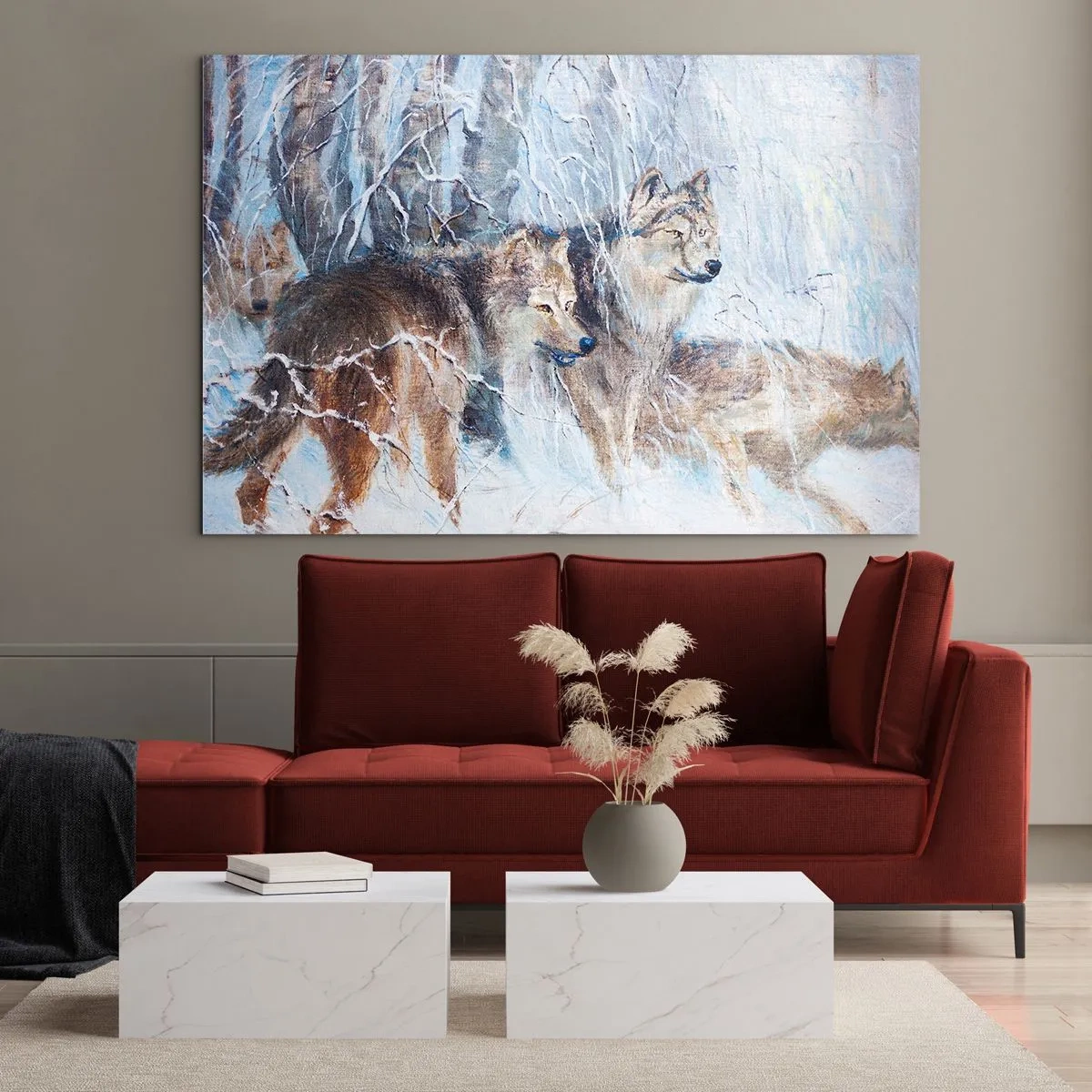 Impression sur verre - Image sur verre - Trois loups dans une forêt hivernale entourée de neige - 120x80cm - Attention! Ca arrive ... - Décoration murale moderne pour le salon et la chambre ARTTOR