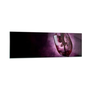 Impression sur verre - Image sur verre - Du vin rouge versé dans un verre sur fond de fumée violette - 160x50cm - Écarlate? Carmin? Non, rubis. - Décoration murale moderne pour le salon et la chambre ARTTOR