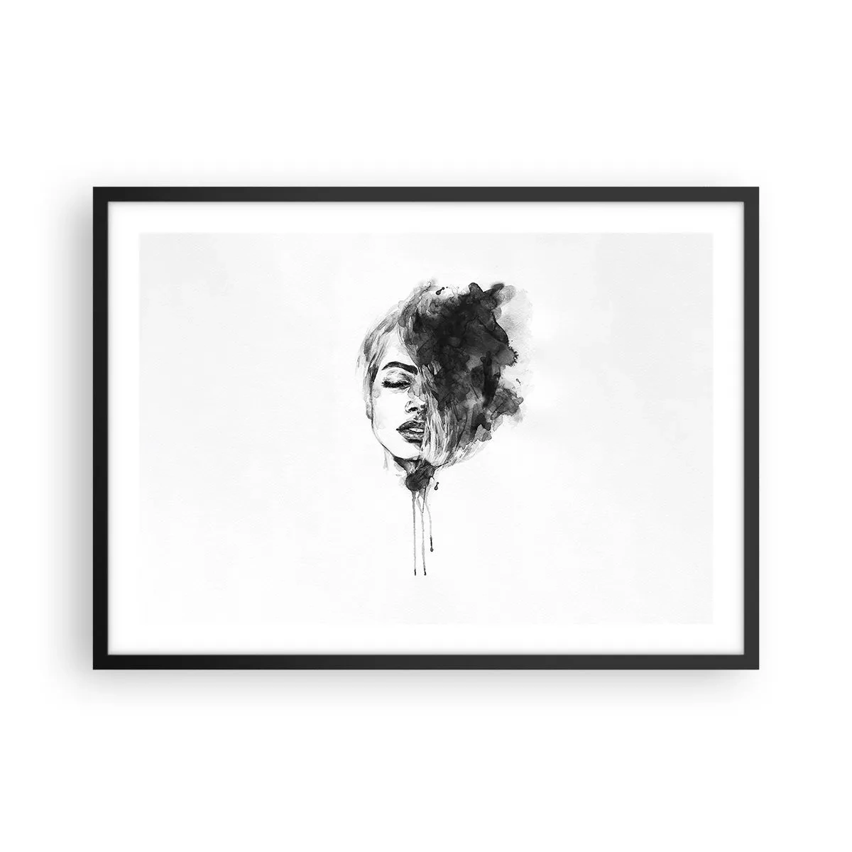 Affiche dans un cadre noir - Poster - Portrait artistique d'une femme en technique d'aquarelle avec des détails abstraits - 70x50cm - De quoi rêve la fille - Décoration murale moderne pour le salon et la chambre ARTTOR