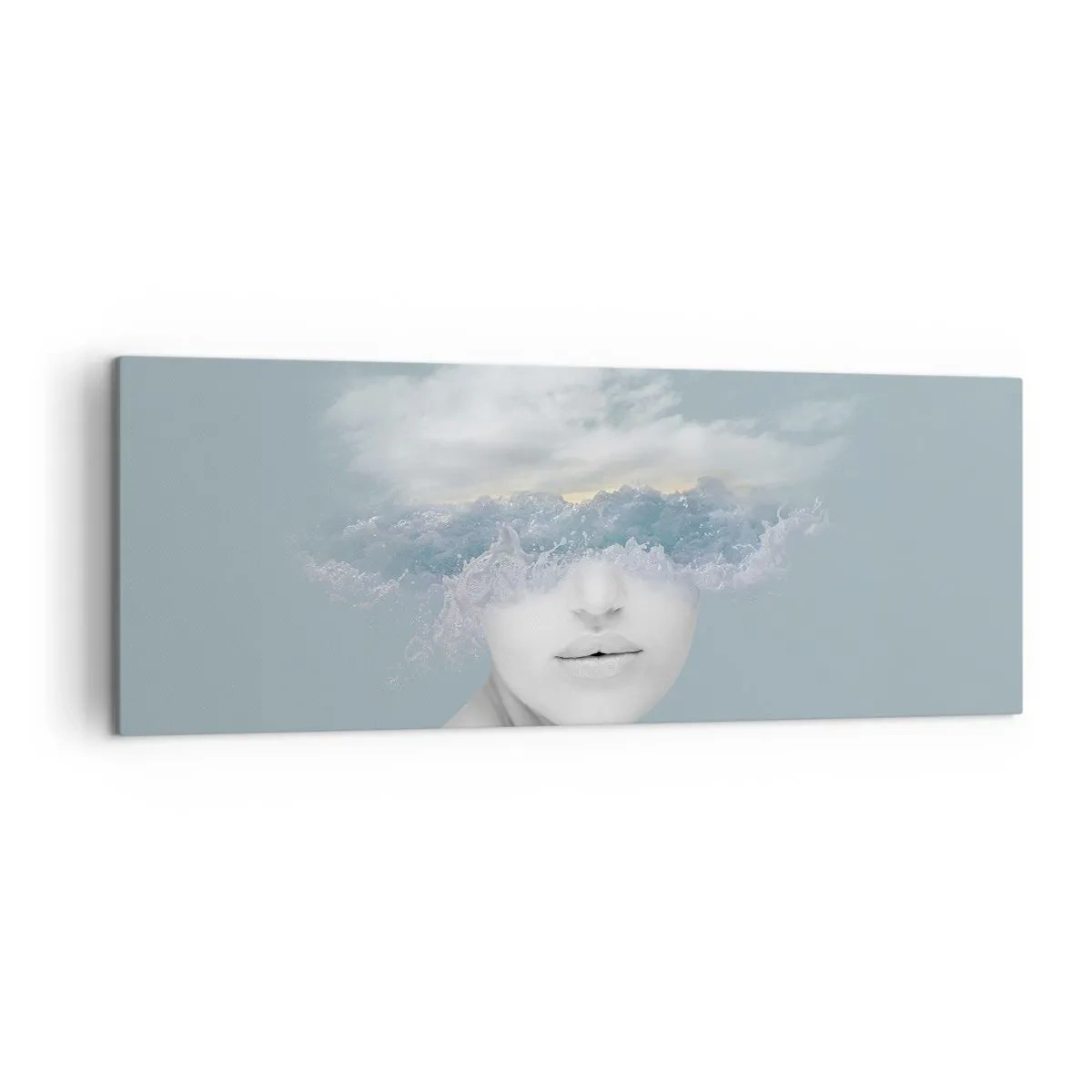 Impression sur toile - Image sur toile - Portrait d'une femme avec son visage caché derrière les nuages et les vagues - 140x50cm - La tête dans les nuages - Décoration murale moderne pour le salon et la chambre ARTTOR