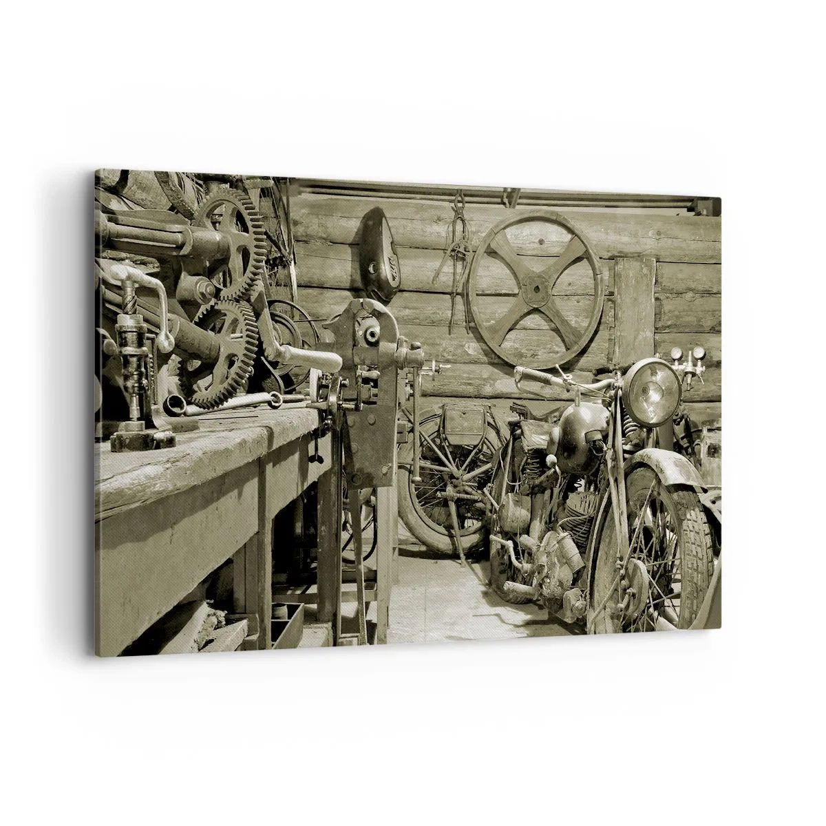 Impression sur toile - Image sur toile - Atelier rétro avec motos et outils - 120x80cm - Dans le hangar de l'oncle Władek - Décoration murale moderne pour le salon et la chambre ARTTOR