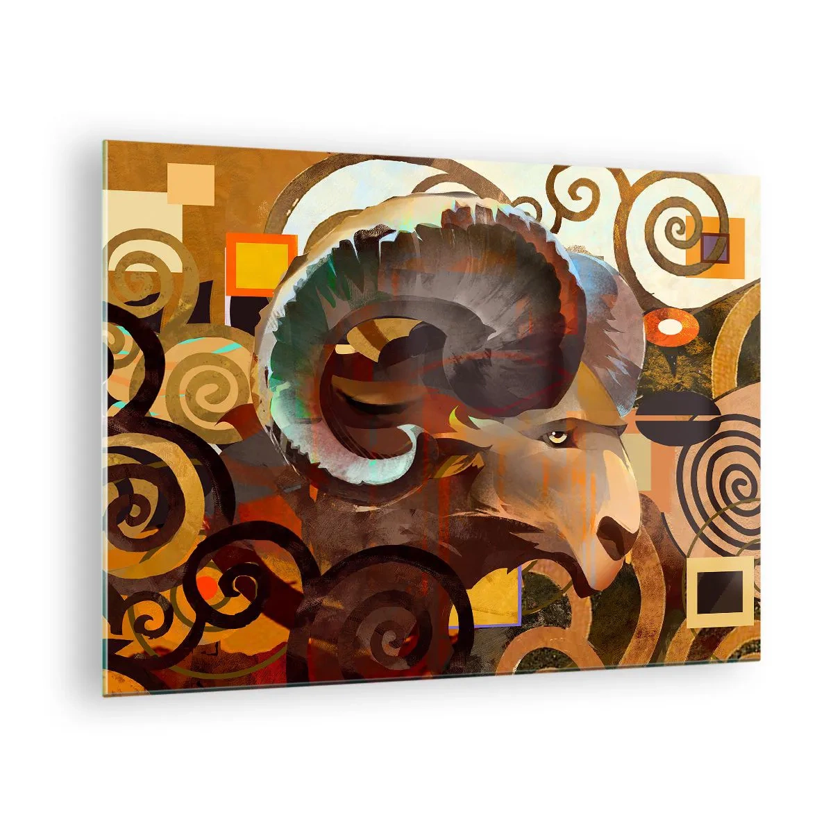 Impression sur verre - Image sur verre - Une image artistique d'un bélier dans une composition géométrique et en spirale. - 70x50cm - Magie - religions - rituels - Décoration murale moderne pour le salon et la chambre ARTTOR