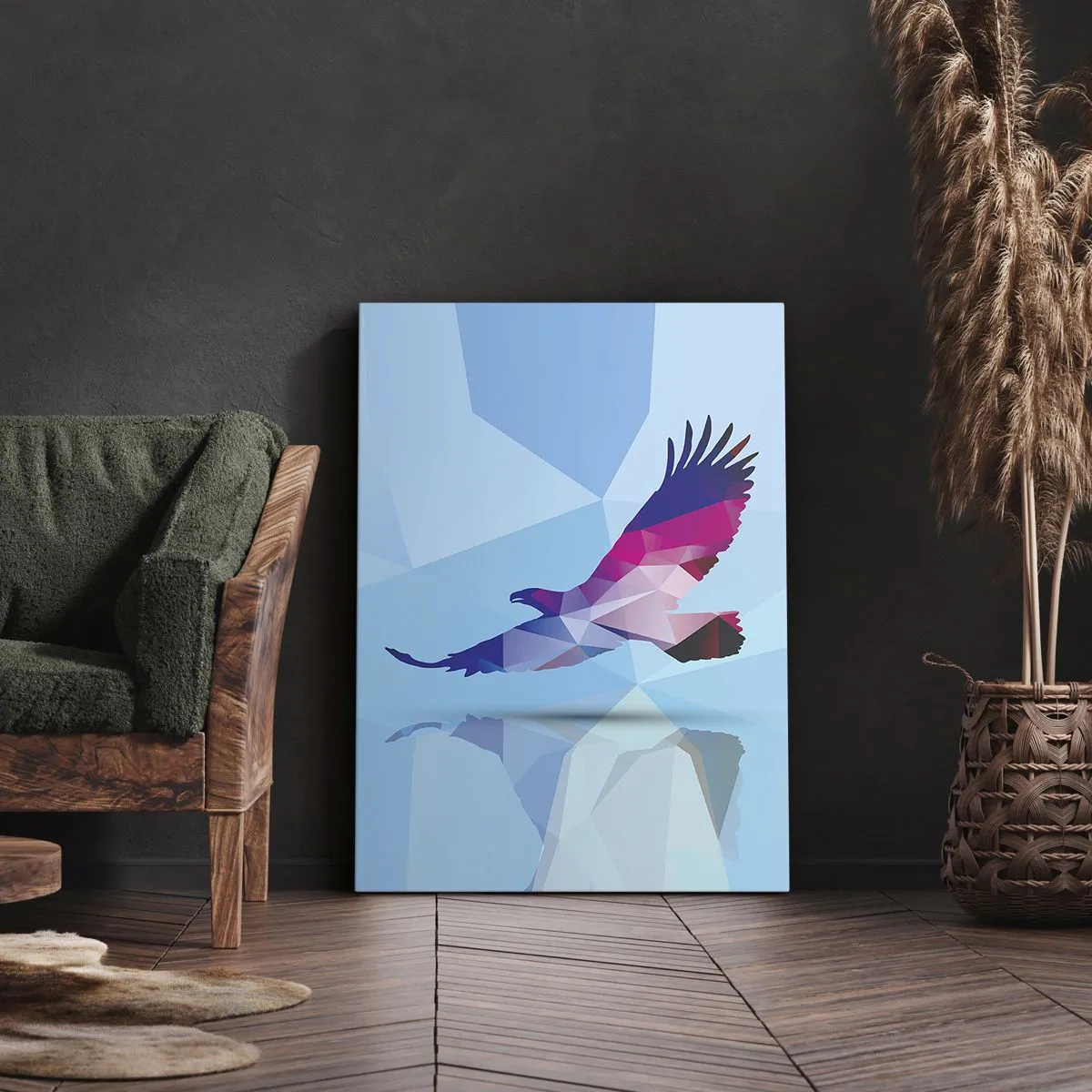 Impression sur toile - Image sur toile - Silhouette géométrique d'un aigle en vol sur fond bleu - 50x70cm - Aigle en cristal lilas - Décoration murale moderne pour le salon et la chambre ARTTOR