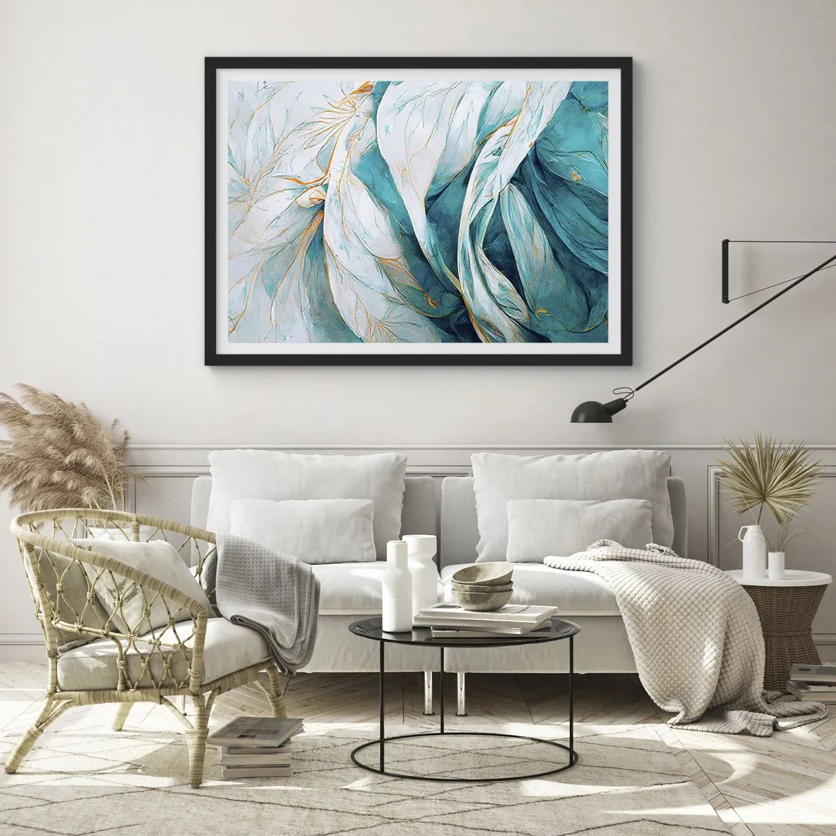 Affiche dans un cadre noir - Poster - Feuilles bleues abstraites avec des détails dorés - 70x50cm - Abstraction bleue avec un motif doré - Décoration murale moderne pour le salon et la chambre ARTTOR
