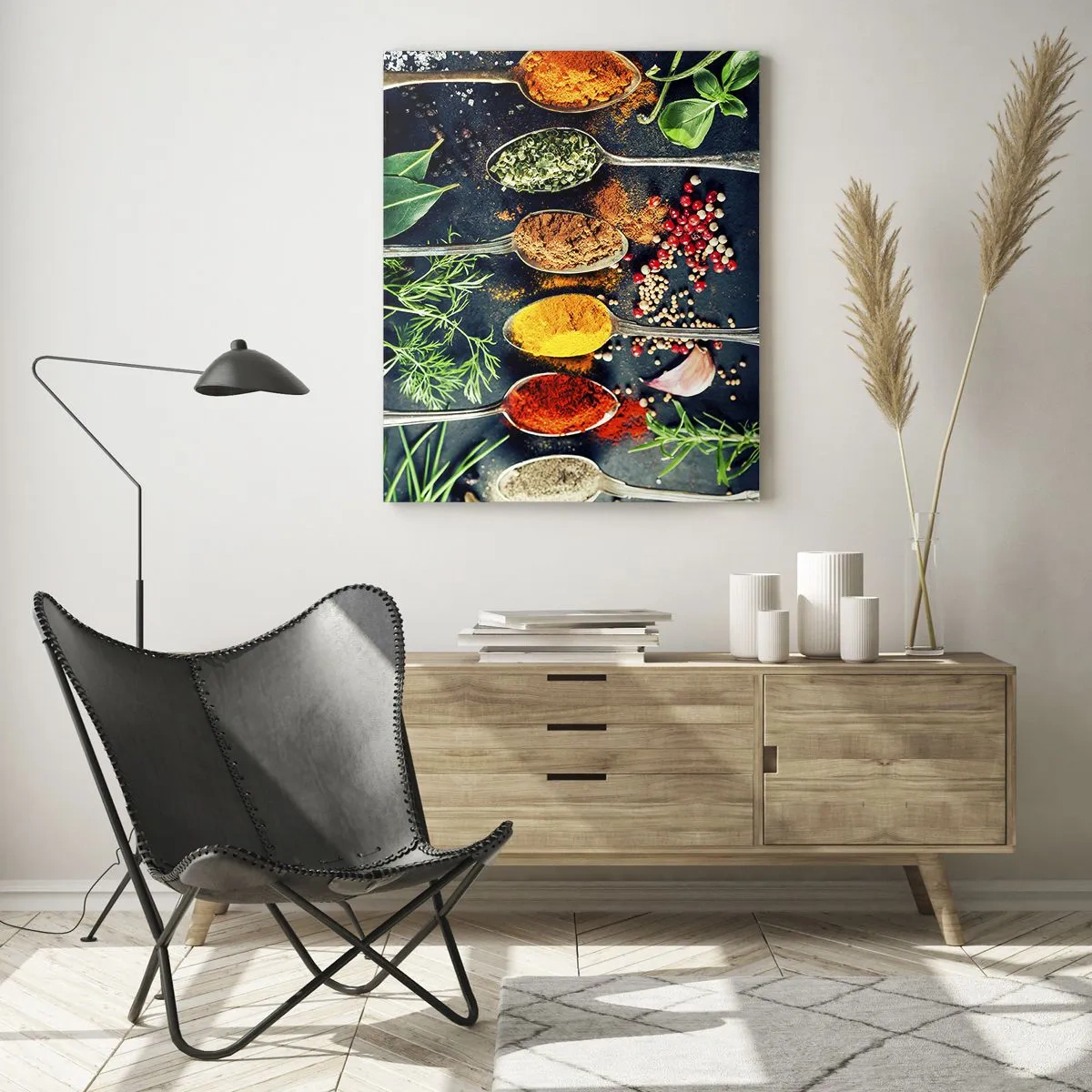Impression sur verre - Image sur verre - Épices colorées sur des cuillères avec des herbes en arrière-plan - 70x100cm - Magie culinaire - Décoration murale moderne pour le salon et la chambre ARTTOR