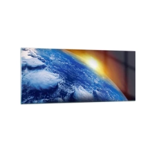 Impression sur verre - Image sur verre - Vue de la Terre depuis l'espace au coucher du soleil - 120x50cm - Lever de soleil sur la planète bleue - Décoration murale moderne pour le salon et la chambre ARTTOR