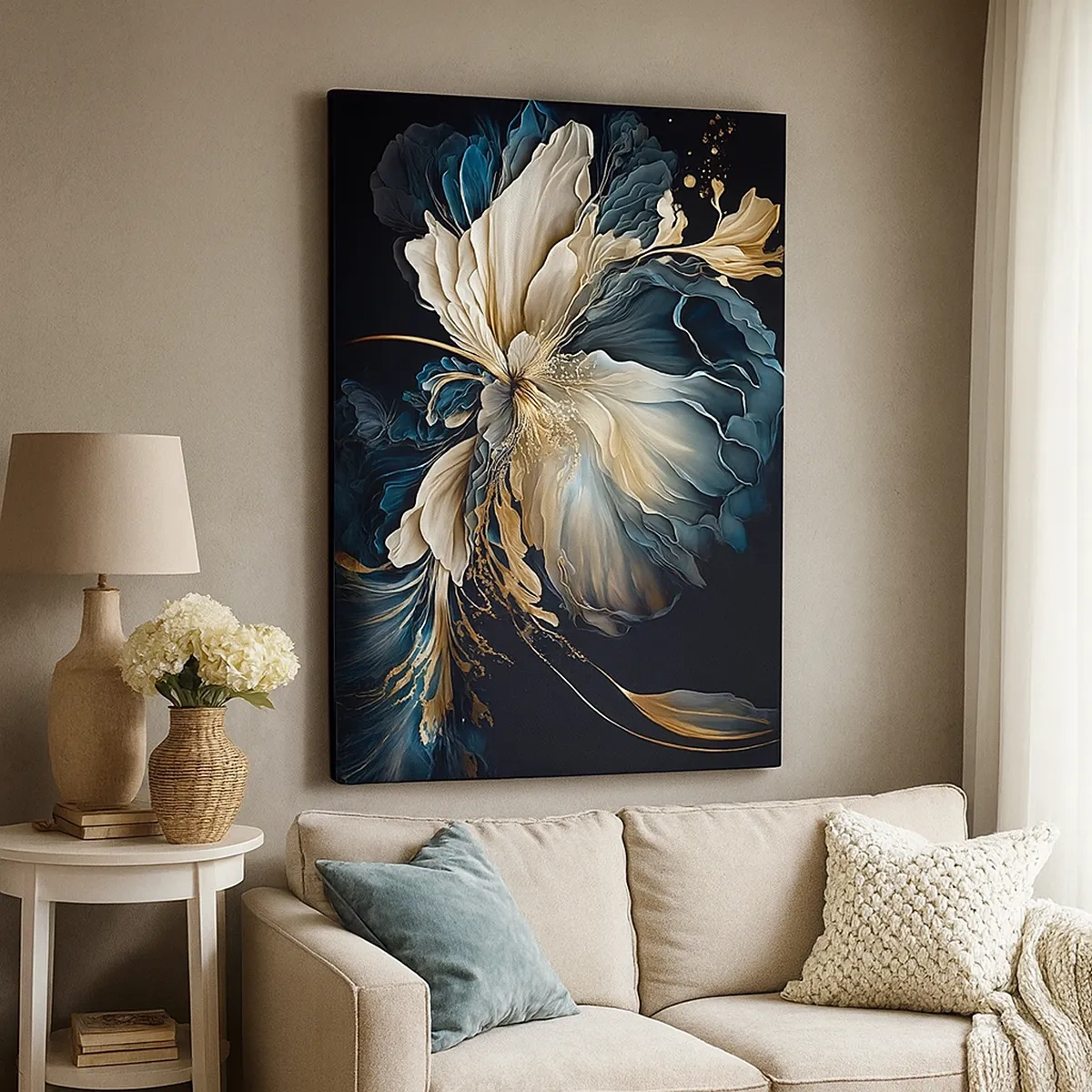 Impression sur toile - Image sur toile - Une fleur dans les tons or et bleu marine sur fond noir - 50x70cm - Fleur de fougère de conte de fées - Décoration murale moderne pour le salon et la chambre ARTTOR