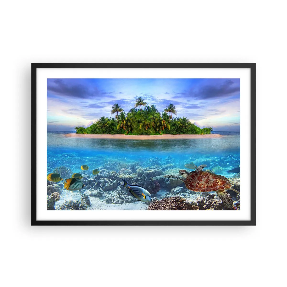 Affiche dans un cadre noir - Poster - Une île tropicale entourée d'un océan turquoise avec un récif de corail et des poissons. - 70x50cm - L'île céleste vous invite - Décoration murale moderne pour le salon et la chambre ARTTOR