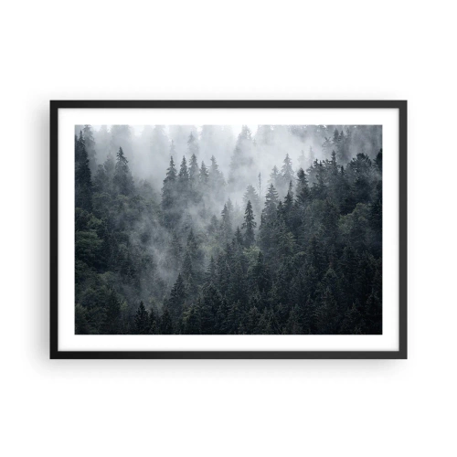 Affiche dans un cadre noir - Poster - Forêt de conifères brumeuse aux tons gris et verts - 70x50cm - Aube de la forêt - Décoration murale moderne pour le salon et la chambre ARTTOR
