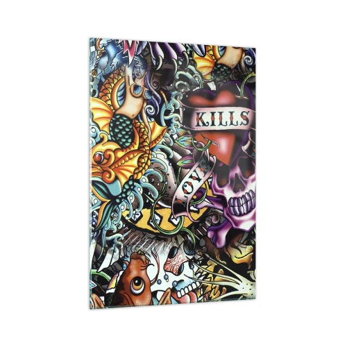 Impression sur verre - Image sur verre - Œuvre d'art colorée de style tatouage avec des crânes et des motifs nautiques - 70x100cm - Le rêve du tatoueur - Décoration murale moderne pour le salon et la chambre ARTTOR