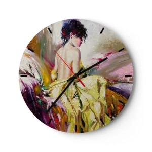 Horloge murale - Pendule murale - Une peinture d'une femme en robe jaune sur un fond pictural plein de couleurs. - 30x30cm - Entre les lèvres et le bord de la tasse - Décoration murale moderne pour le salon, la cuisine et la chambre ARTTOR